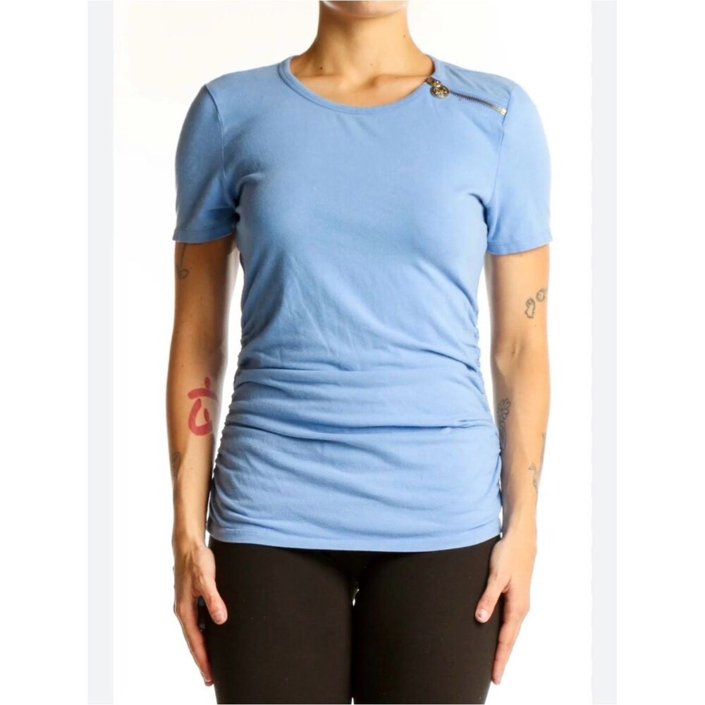 Michael Kors Light Blue Short-Sleeve Crewneck Tee with Shoulder Zip
